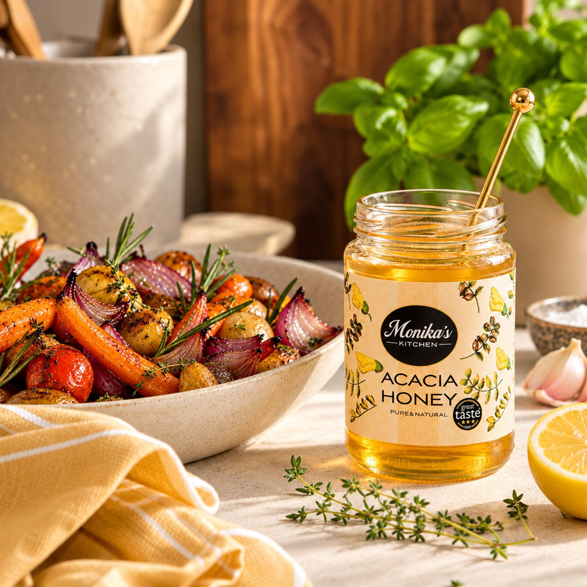 Jar of Monika's Kitchen Acacia Honey on a table with roasted vegetables and lemons.