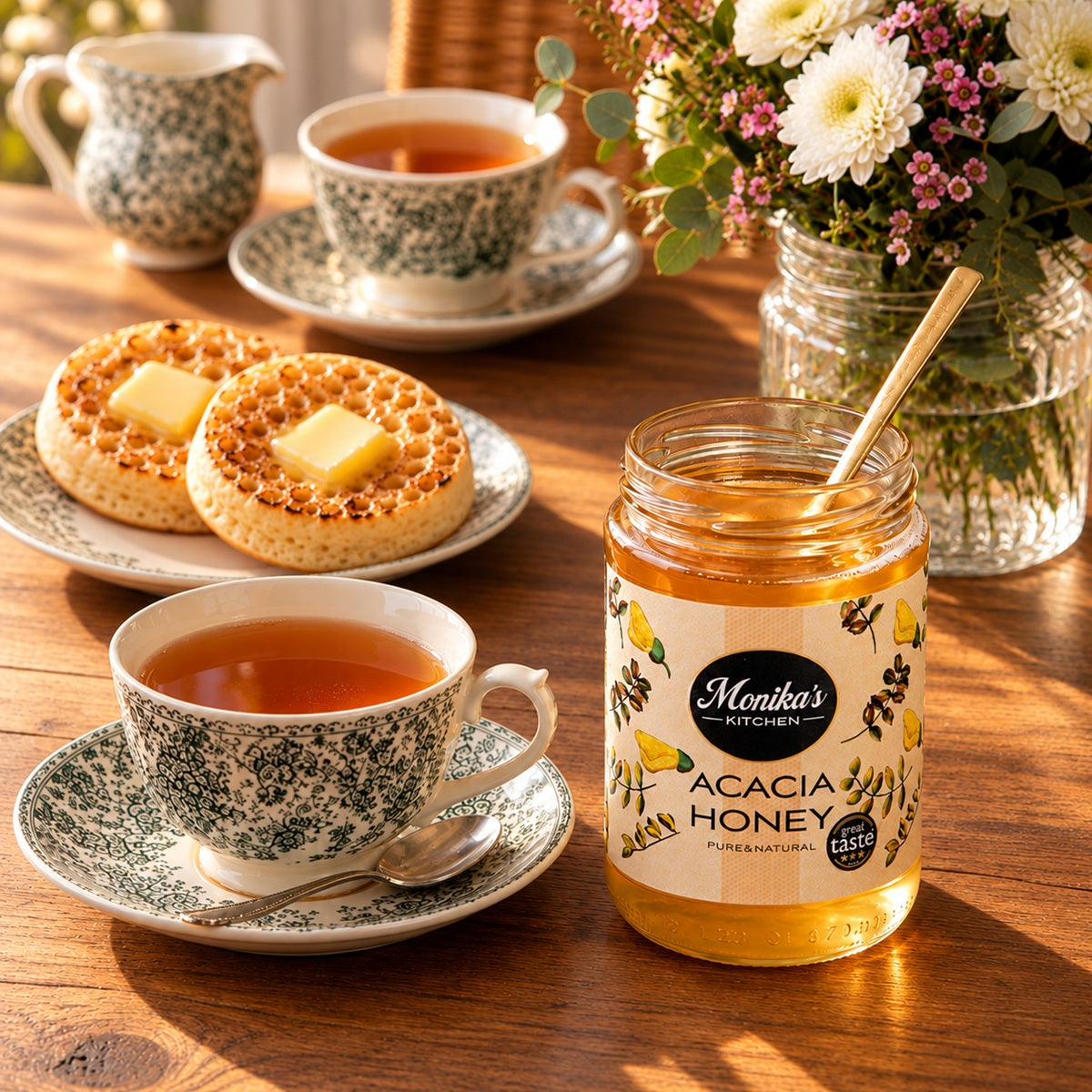 Tea cups with crumpets and a jar of acacia honey on a wooden table.