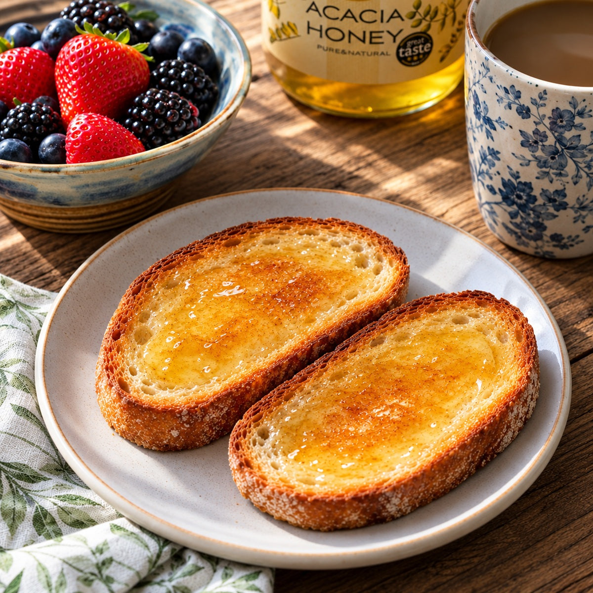 Toast with acacia honey on a plate, surrounded by berries, a jar of honey, and a cup of coffee on a wooden table.