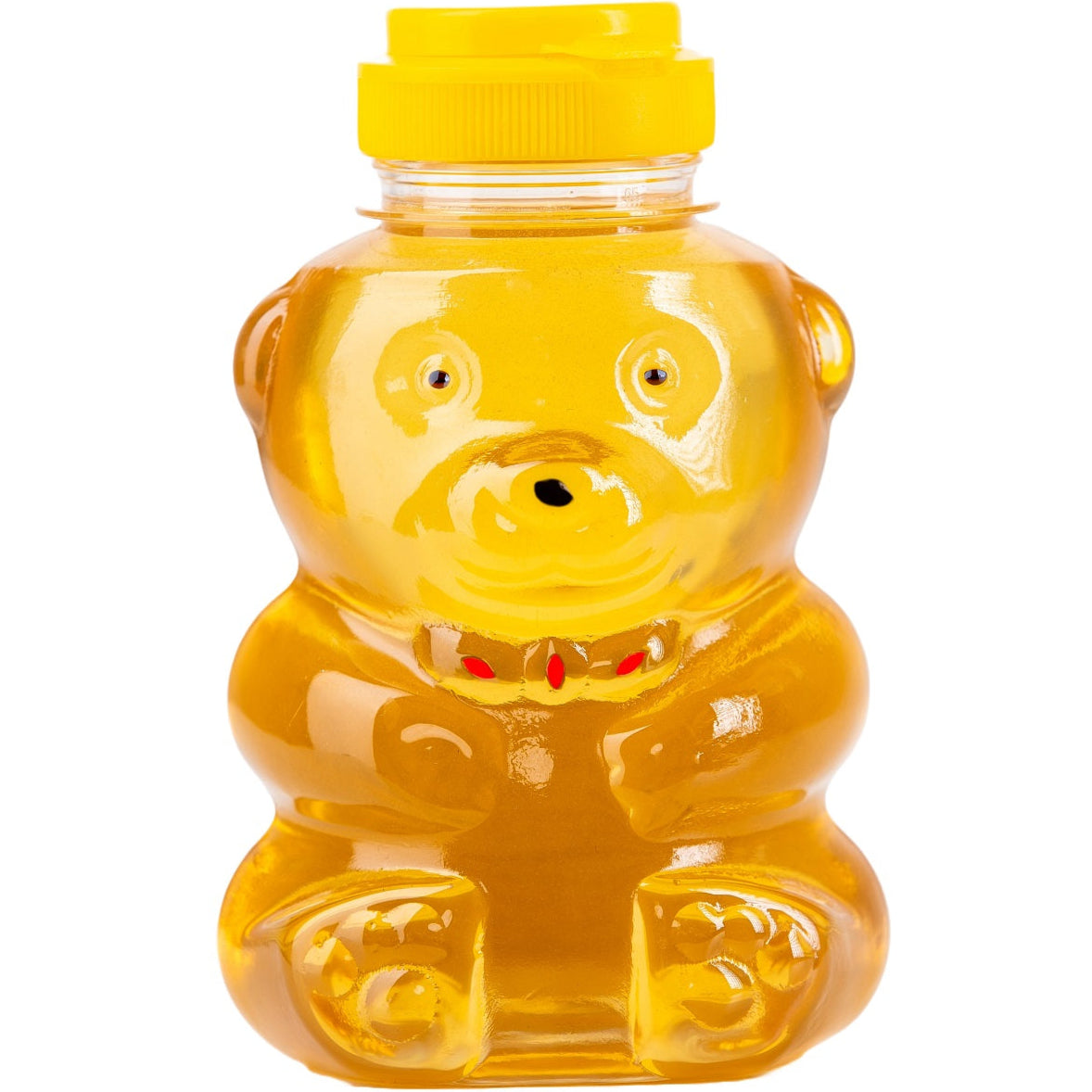 Raw Hungarian acacia runny honey in a squeezy bear shaped plastic bottle.