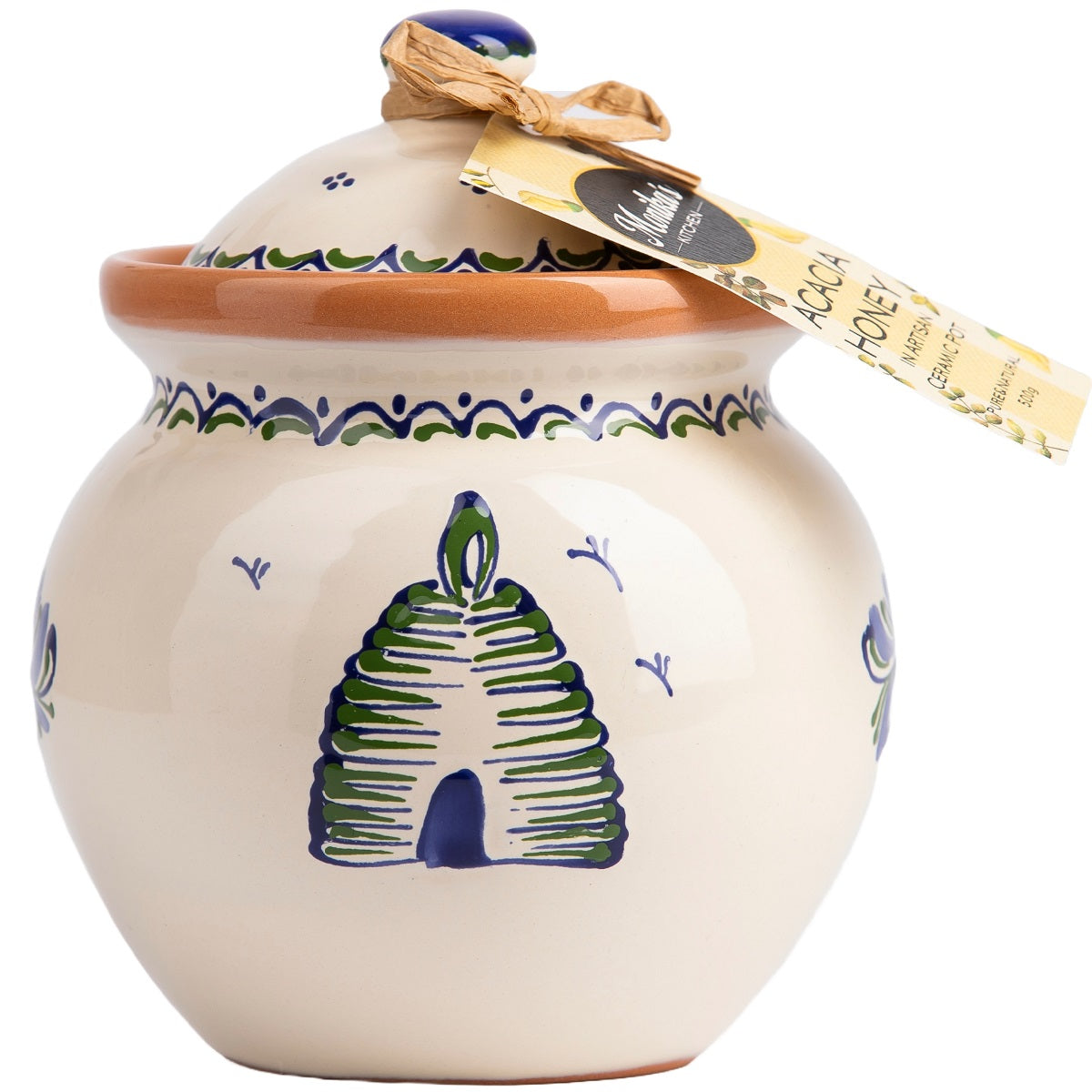 A jar of acacia honey in an artisan ceramic honey pot with a lid, this is the best craft gift.