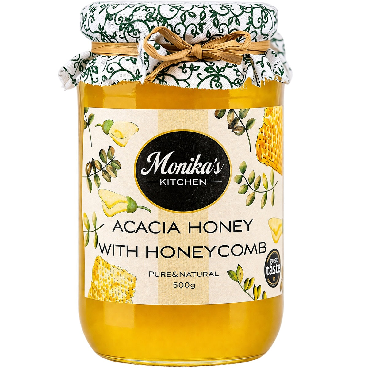 Jar of Monika's Kitchen raw acacia honey with a piece of edible honeycomb, from Váraljai’s Honey Farm.