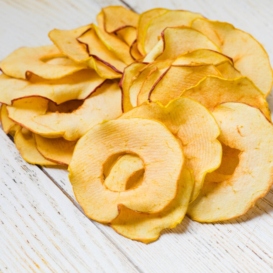 Apple crisps from rings of air-dried Jonathan apple slices.