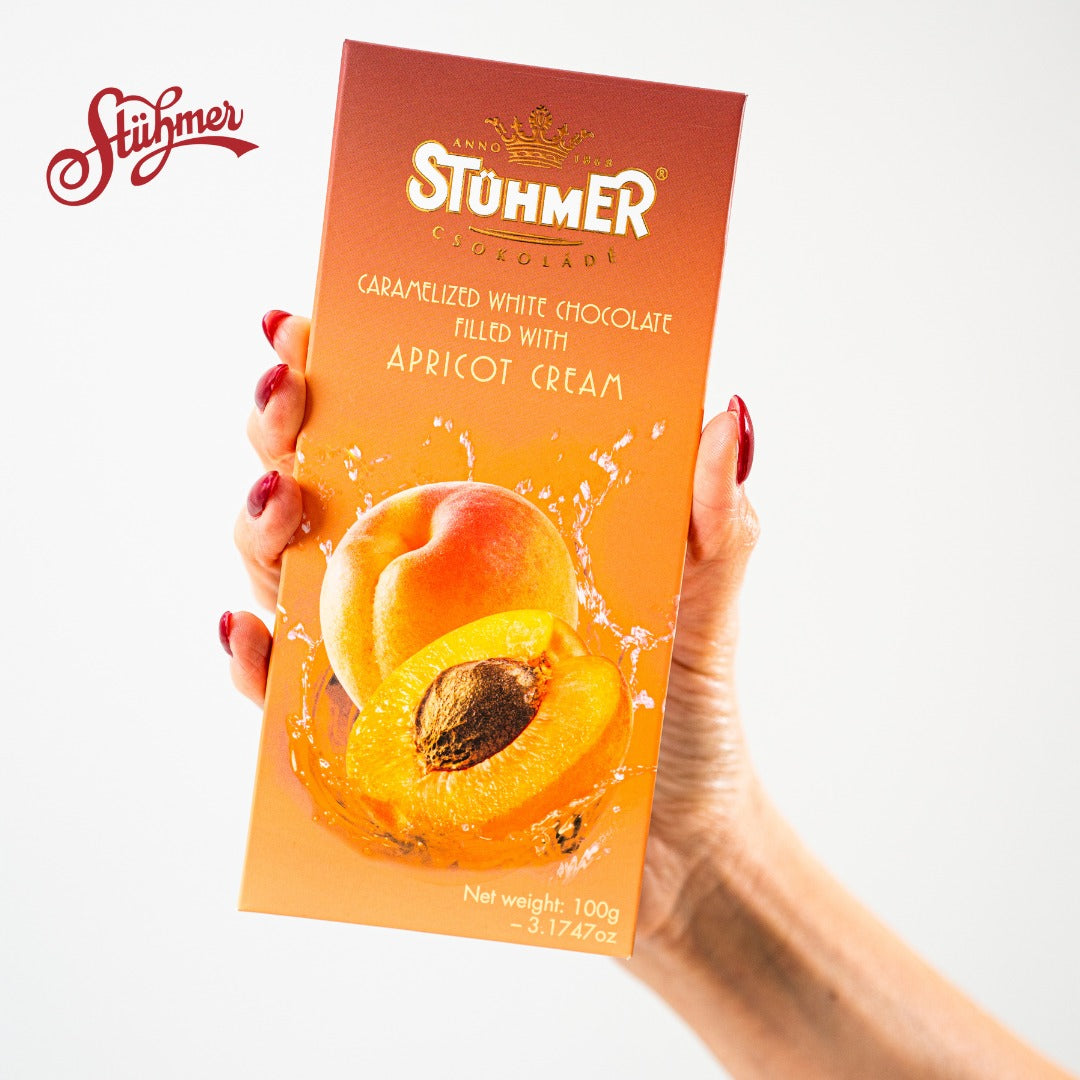 A bar of caramelised white chocolate with an apricot filling.