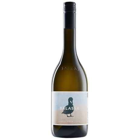 A bottle of Tokaji Furmint Hungarian dry white wine with a duck on the label from Balassa Winery.