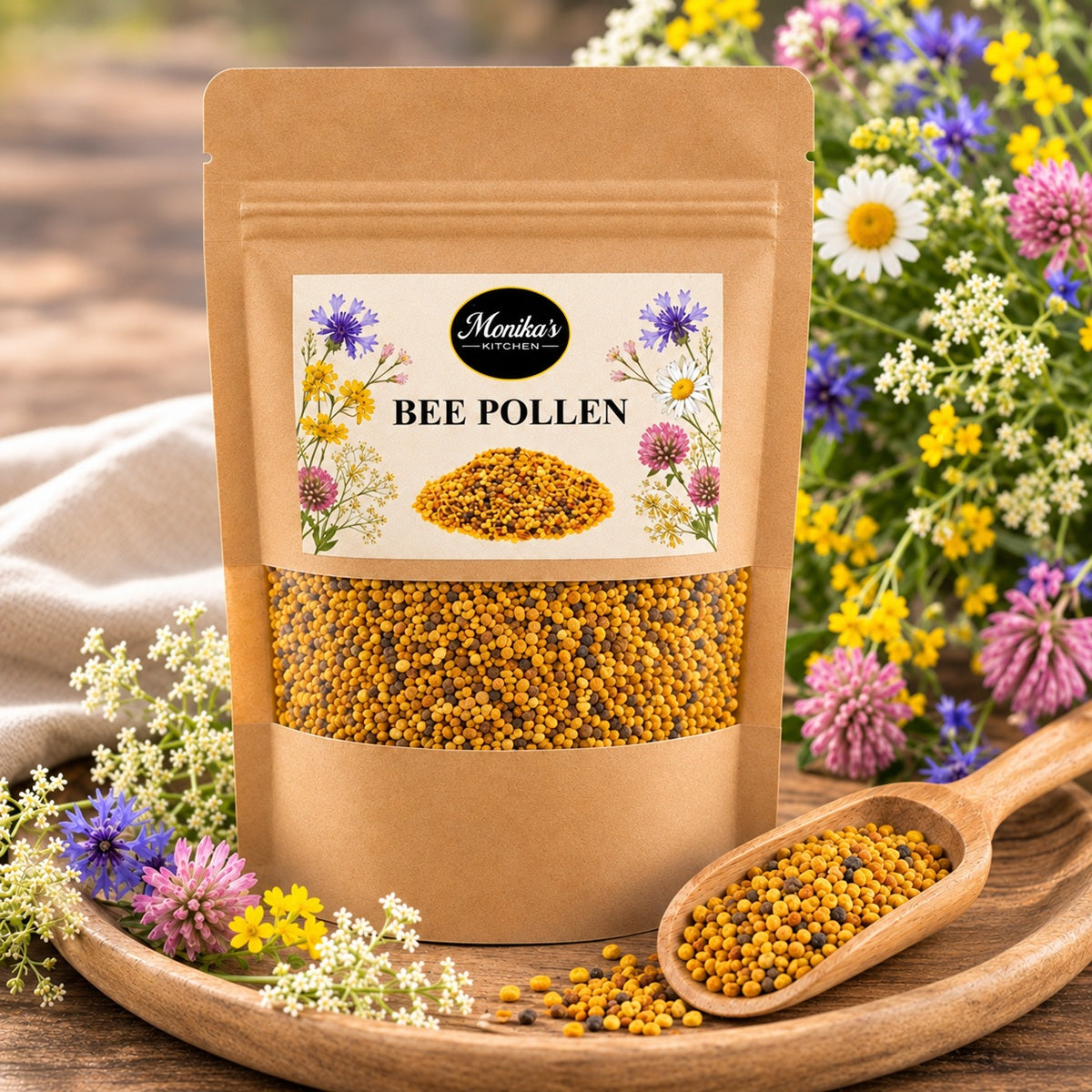 Pack of bee pollen granules surrounded by wildflowers.