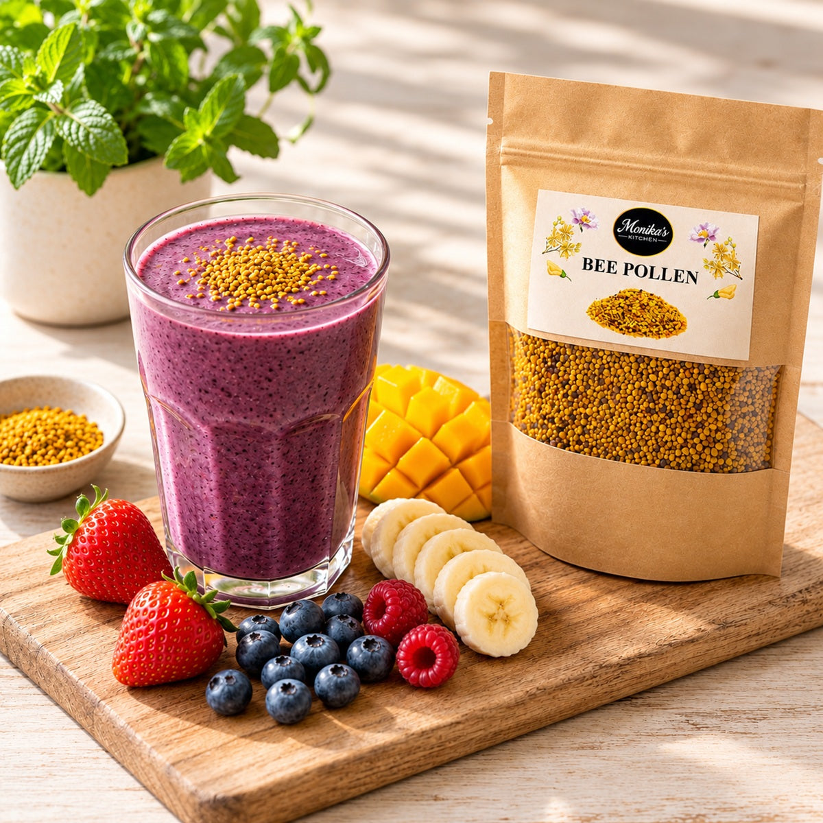 Purple smoothie with bee pollen on a wooden board with fruits and a package of bee pollen.