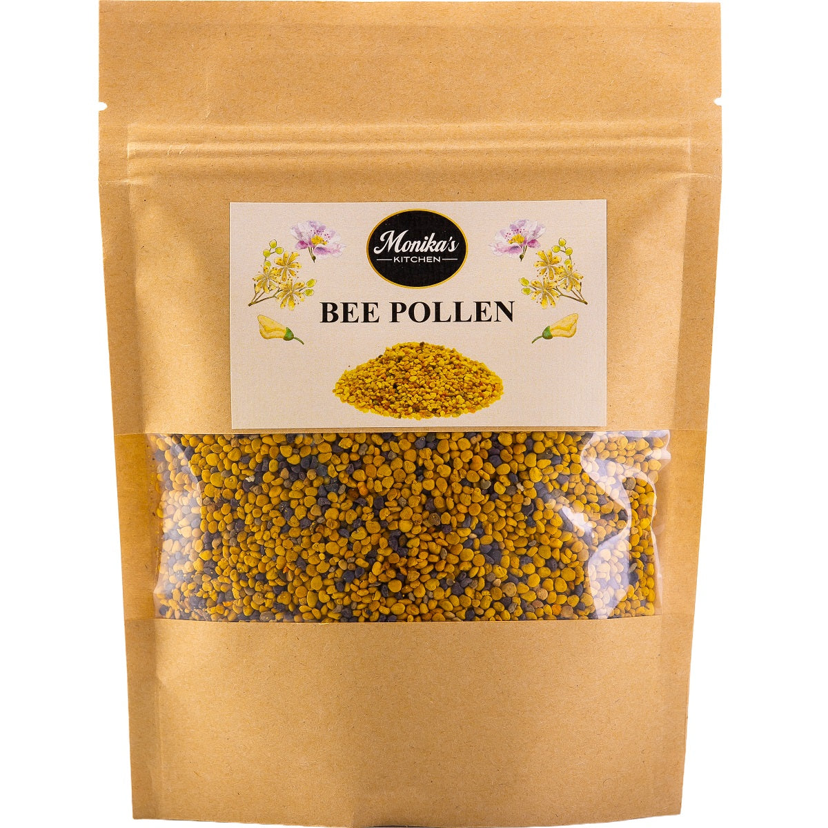 A packet of raw bee pollen granules, freshly harvested and unprocessed from the hive.