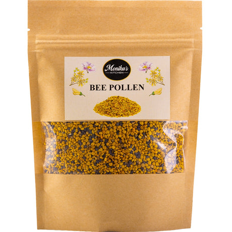 A packet of raw bee pollen granules, freshly harvested and unprocessed from the hive.