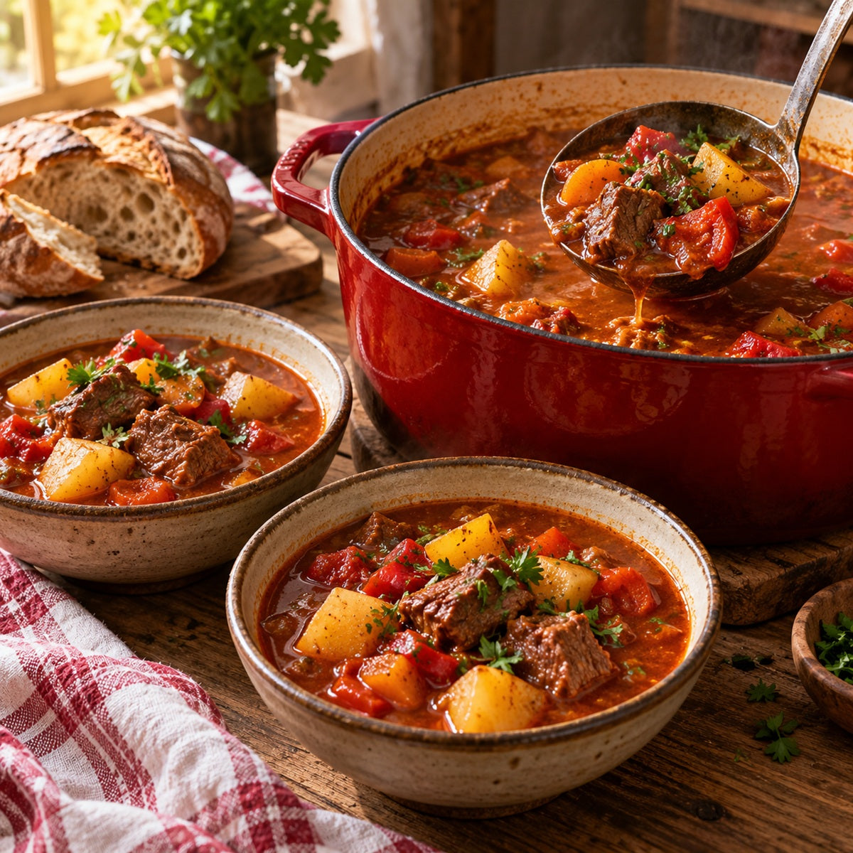 Traditional Hungarian beef goulash soup being served from a red casserole pot.