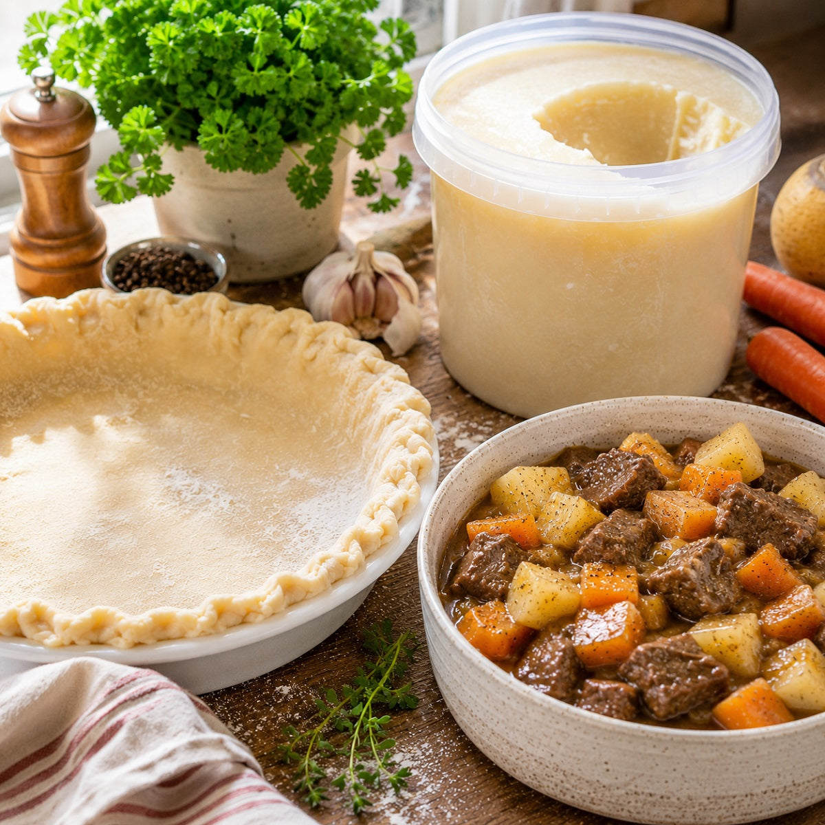 Unbaked pie crust, container of beef tallow, and bowl of pie filling on a wooden surface.