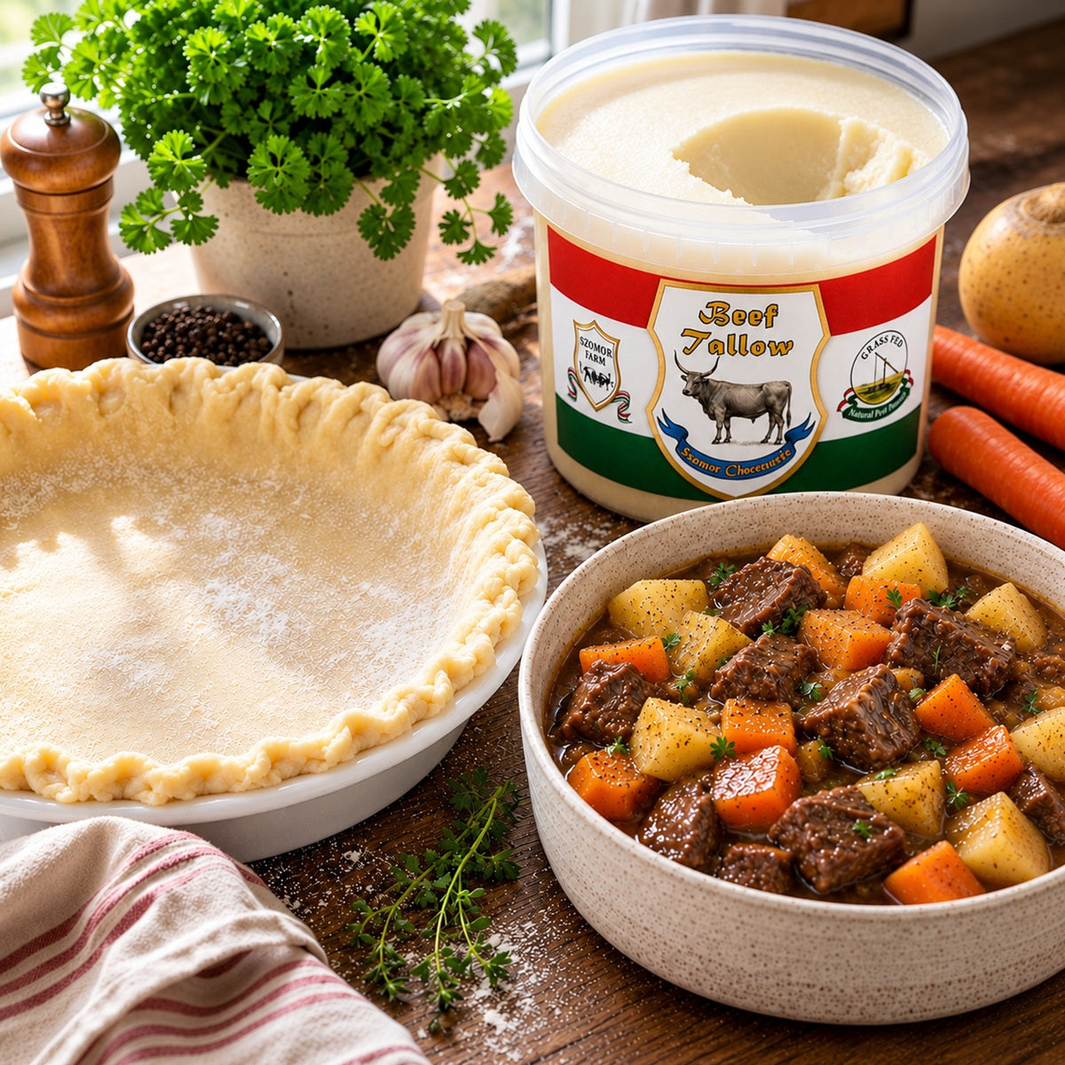 Unbaked pie crust, container of Szomor Farm beef tallow, and bowl of pie filling on a wooden surface.