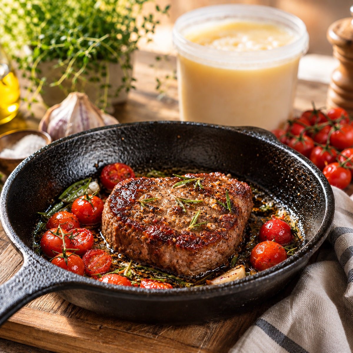 Steak fried in beef tallow, with roasted cherry tomatoes in a frying pan, and a tub of beef tallow in the background.