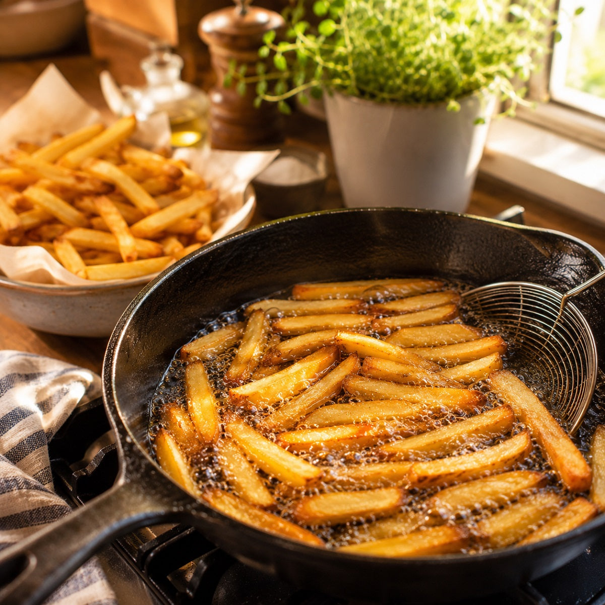 Fries frying in a pan in beef tallow, with golden French fries ready in the background.
