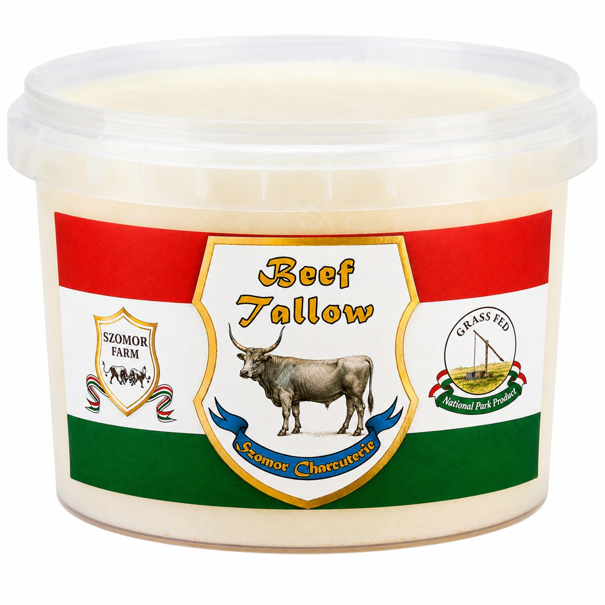 Grass-fed beef tallow from Szomor Farm, a pure beef dripping slowly rendered from beef suet for frying, roasting and baking.