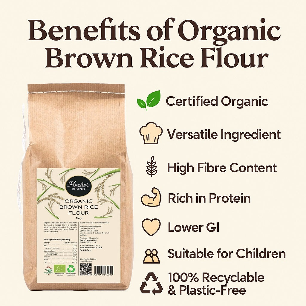 An infographic showing the uses and the health and nutritional benefits of eating organic brown rice flour.