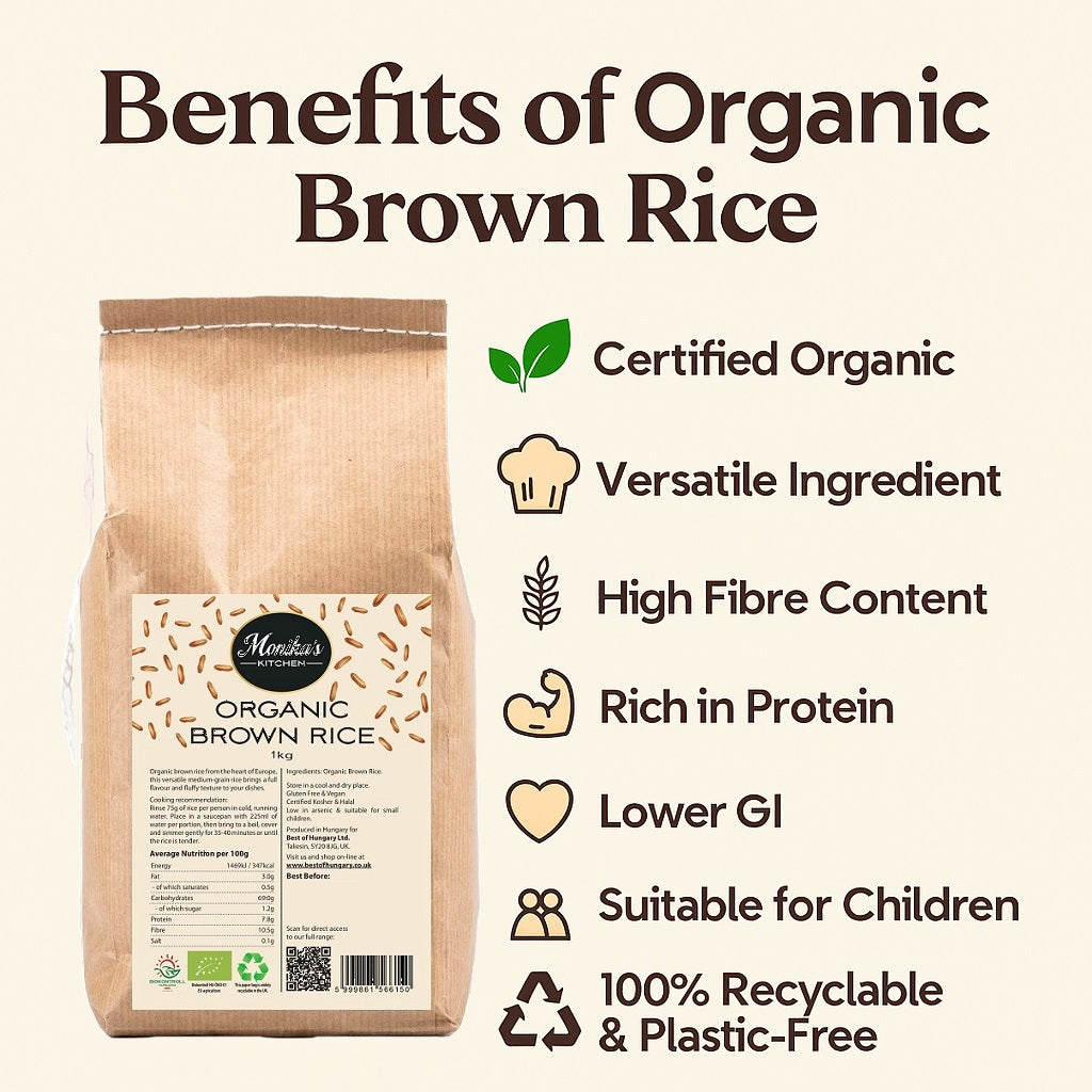 An infographic showing the uses and the health and nutritional benefits of eating organic brown rice.