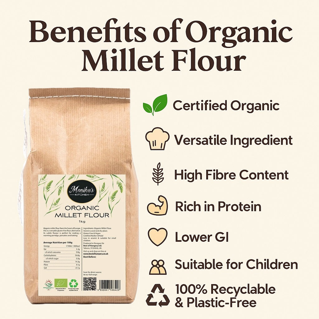 An infographic showing the uses and the health and nutritional benefits of eating organic millet flour.