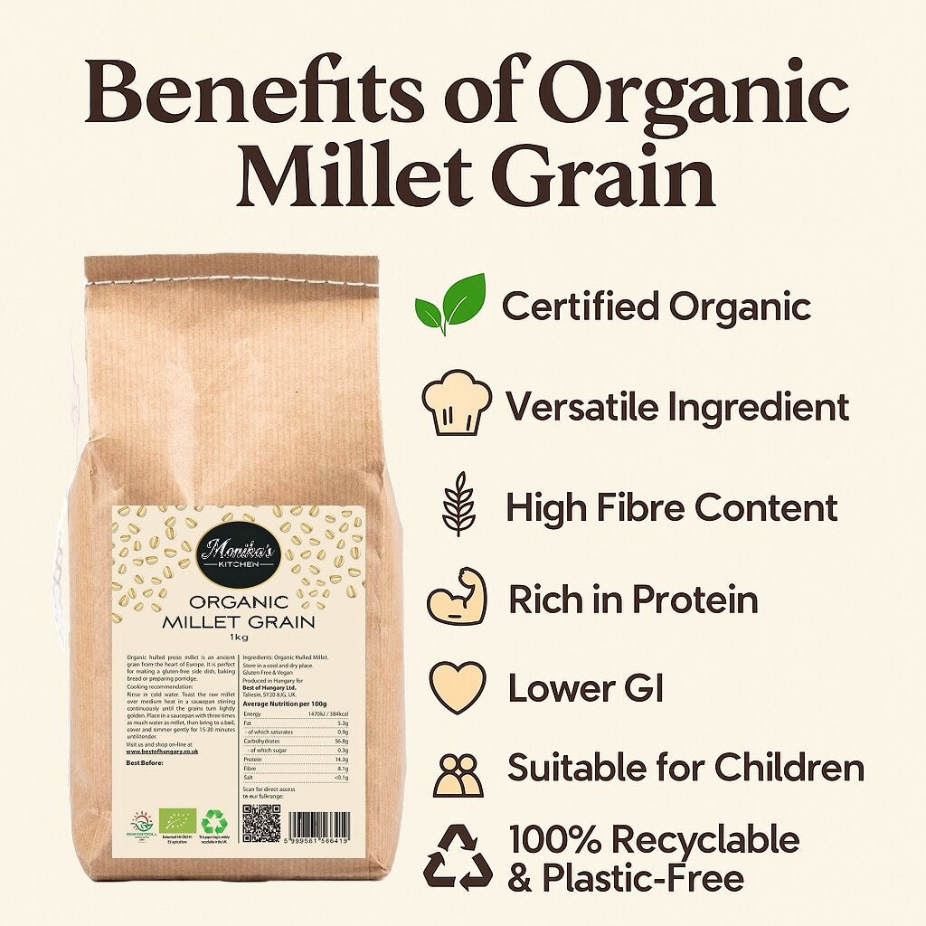 An infographic showing the uses and the health and nutritional benefits of eating organic millet grain.