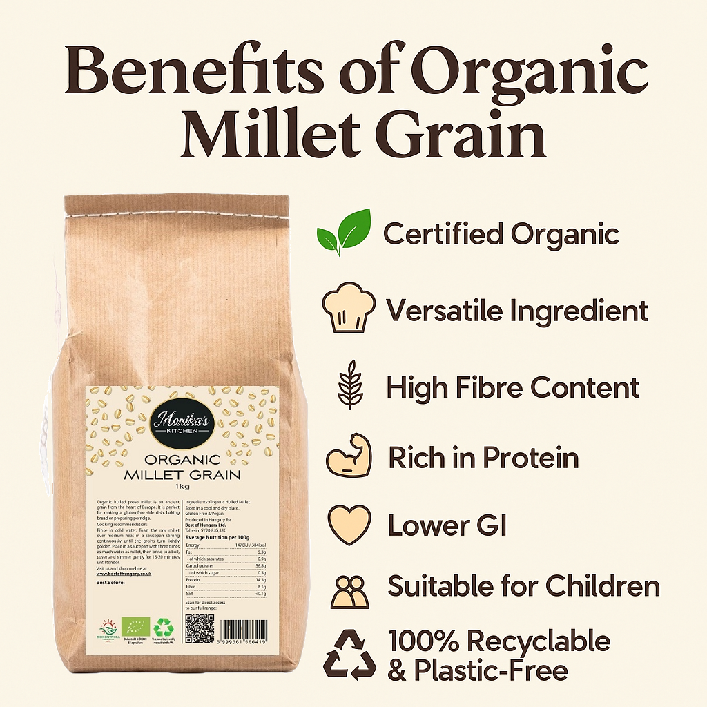 An infographic showing the uses and the health and nutritional benefits of eating organic millet grain.