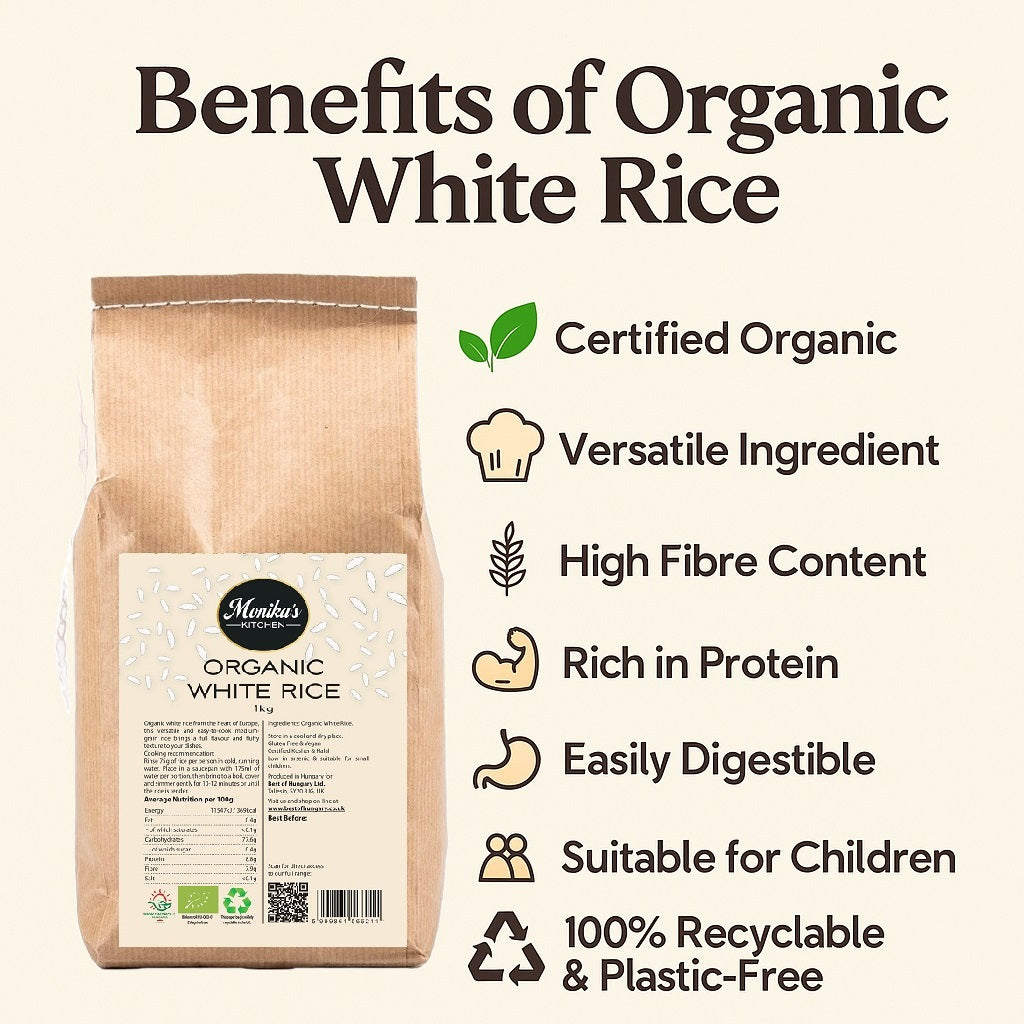 An infographic showing the uses and the health and nutritional benefits of eating organic white rice.