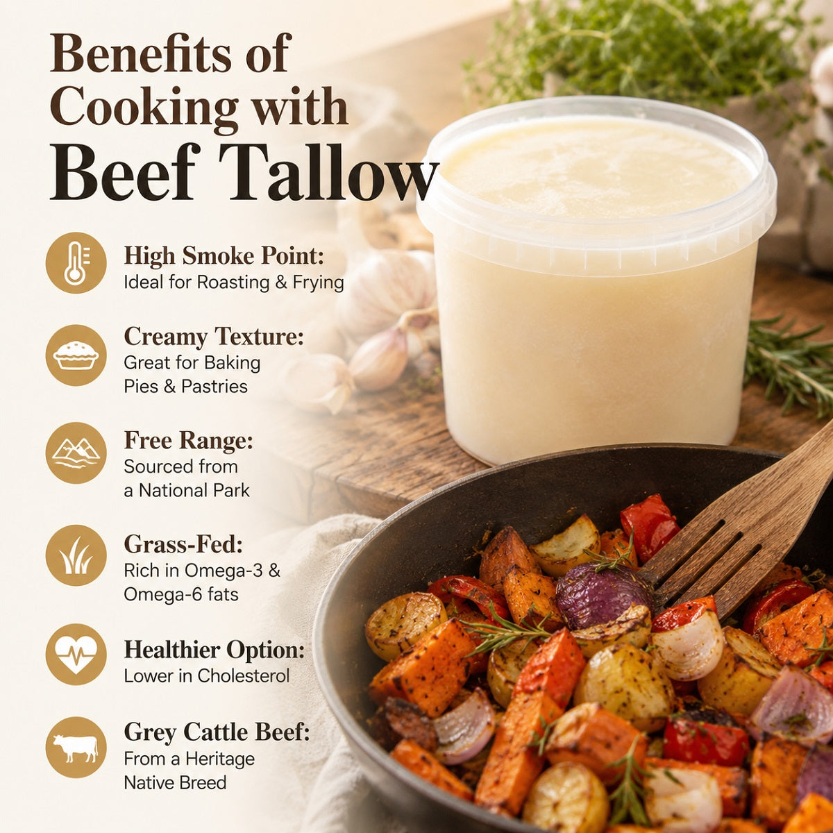 Infographic showing the culinary uses and benefits of cooking with beef tallow.