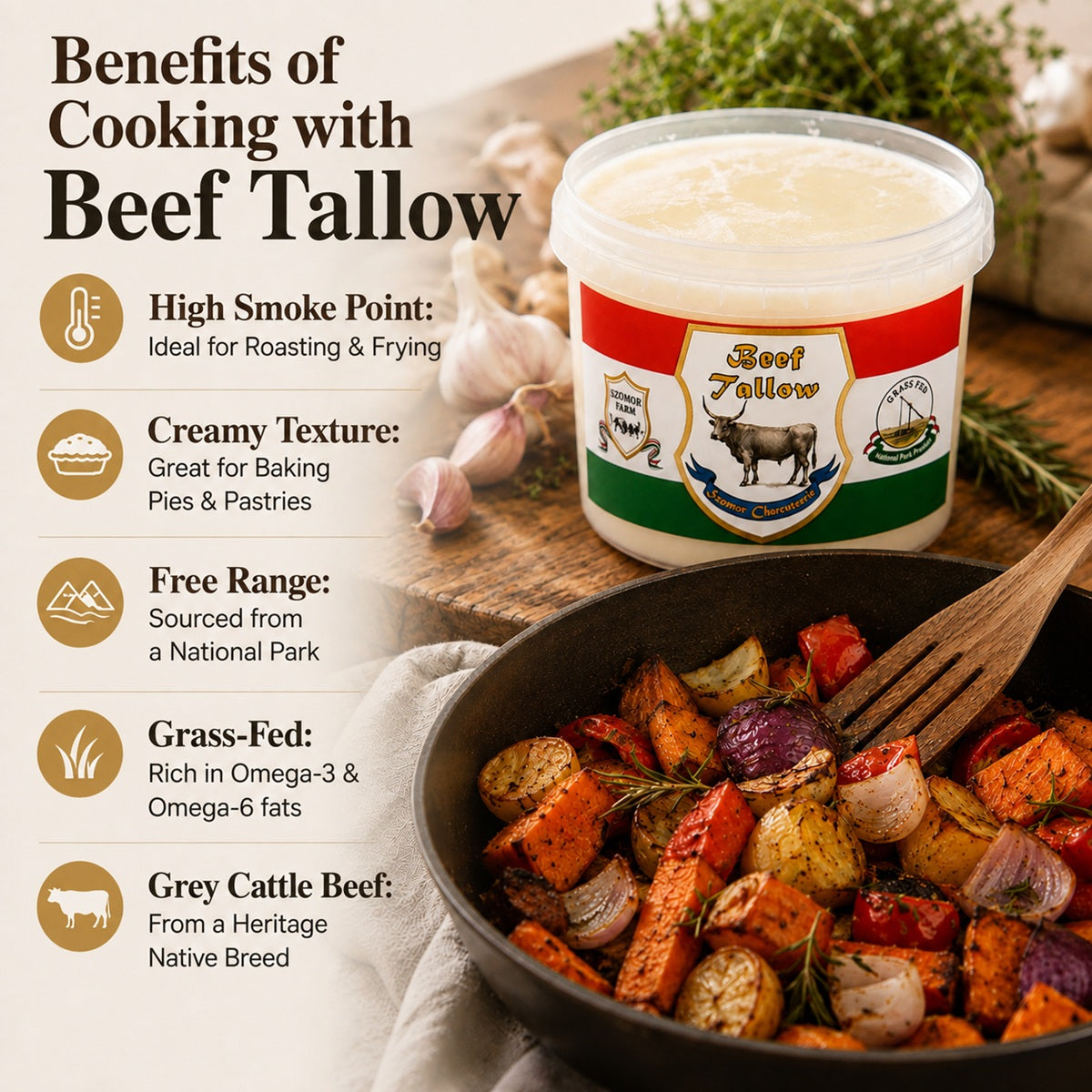 Infographic showing the culinary uses and benefits of cooking with beef tallow rendered from beef fat.