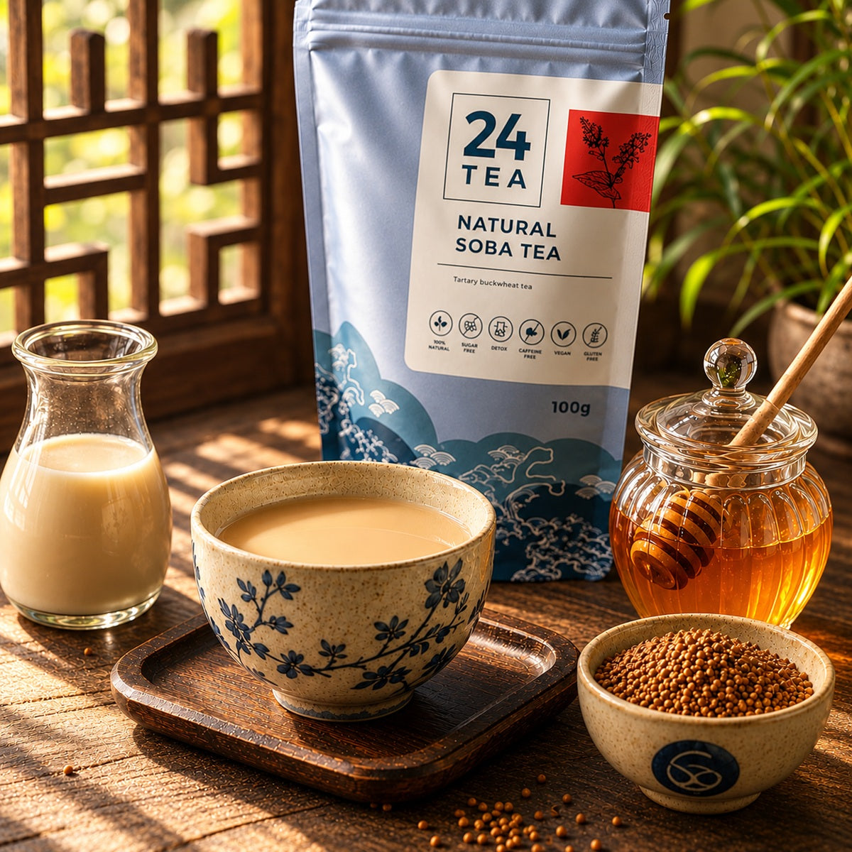 Buckwheat tea with milk and honey on a wooden surface.