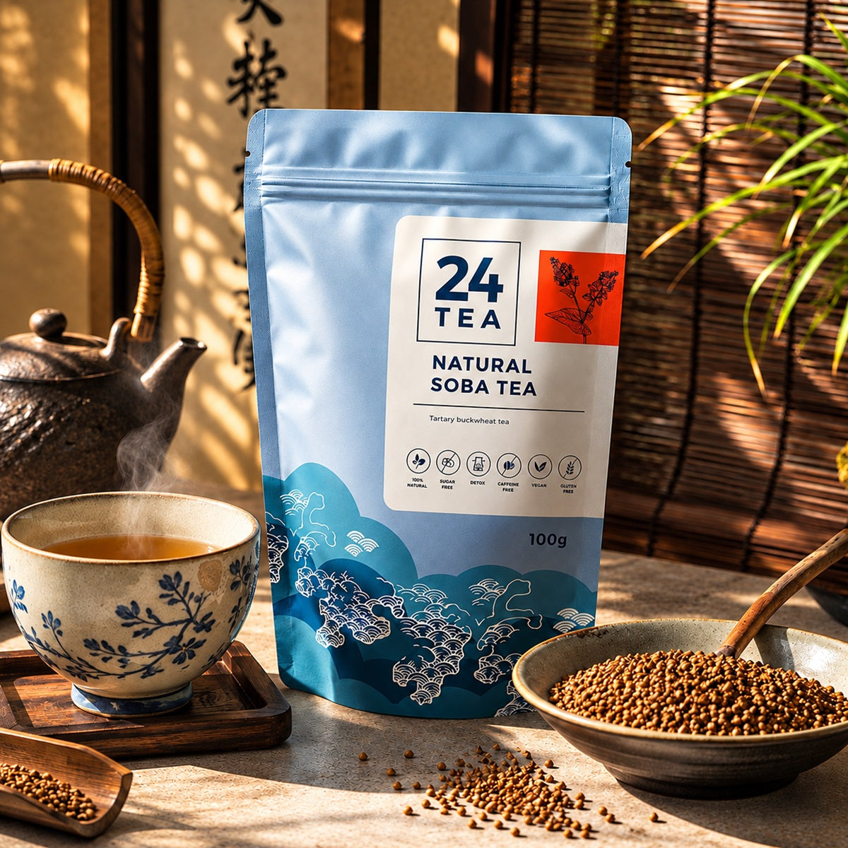 Pack of buckwheat tea with a cup of buckwheat tea and toasted buckwheat kernels.