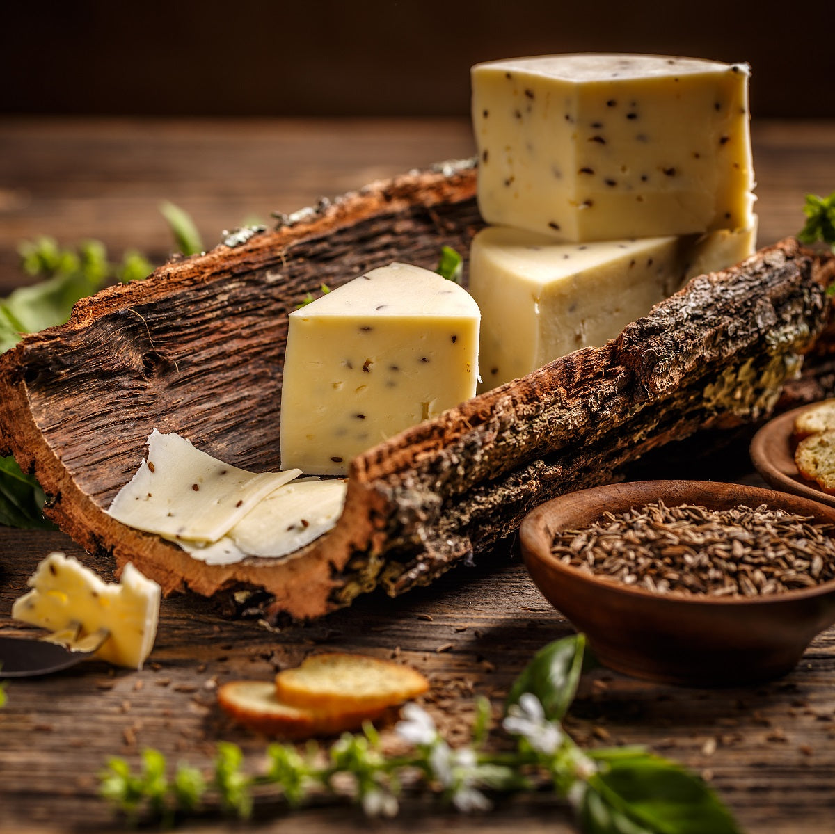 An artisan gouda-style cheese with whole caraway seeds.
