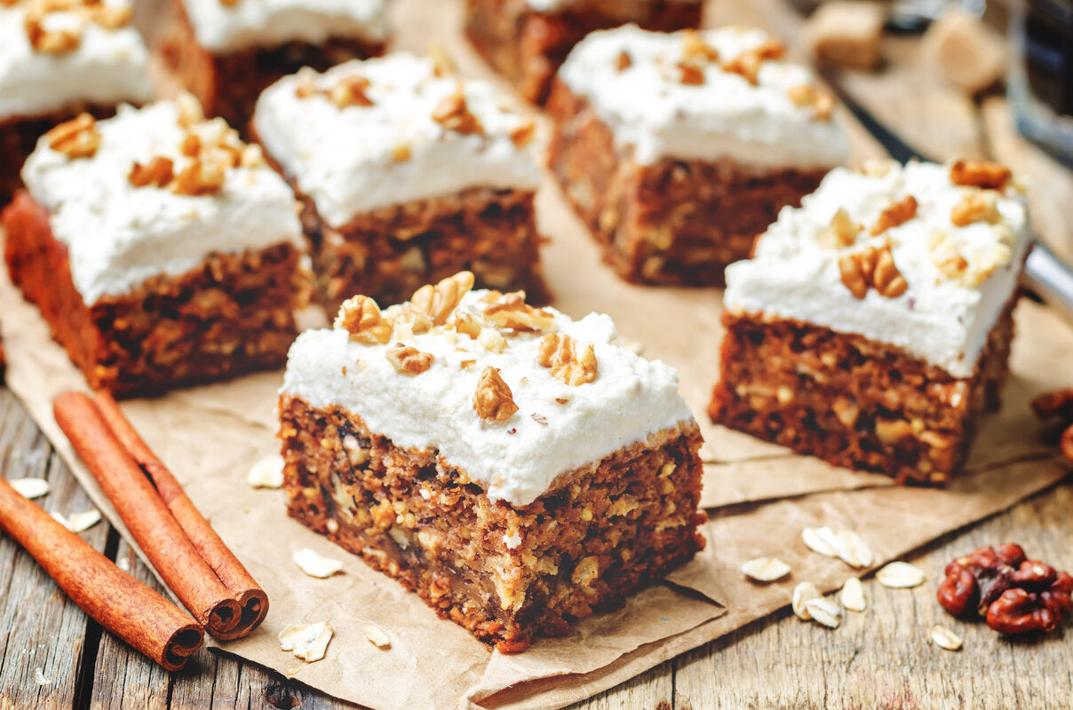 A carrot and walnut cake recipe with a cream cheese frosting.