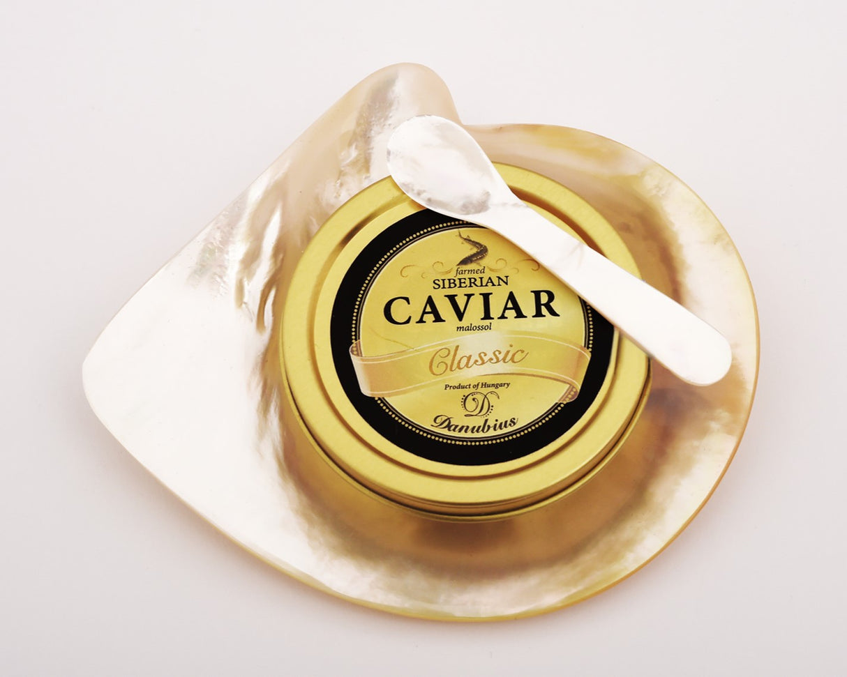 A tin of black caviar served with a hand-made mother of pearl caviar plate and spoon set.