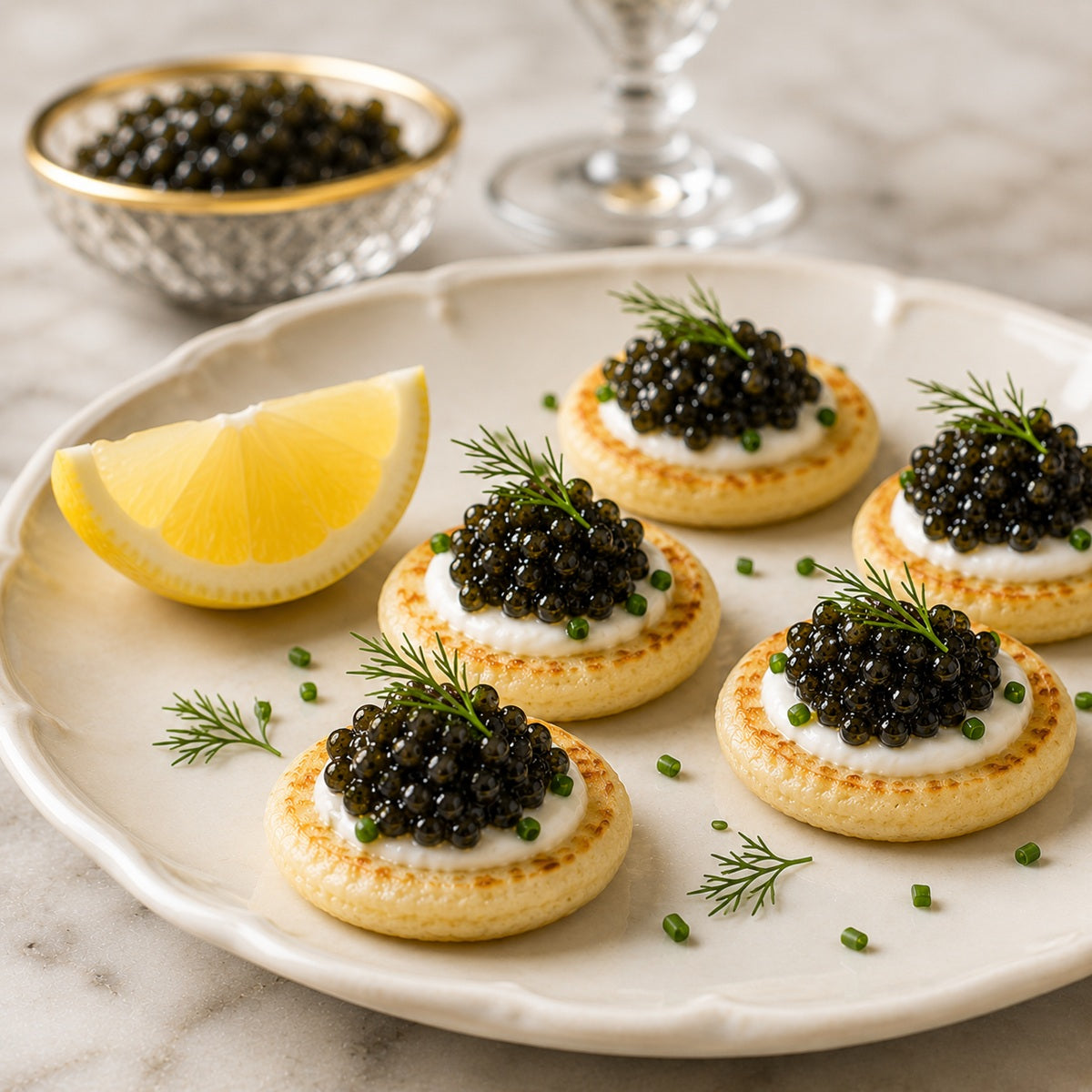 Black sturgeon caviar served on blini with crème fraîche, dill, and a sprinkle of chives, with a lemon wedge on the side.