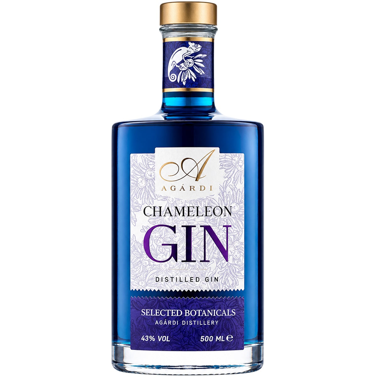 A bottle of Chameleon Gin, a botanical colour-changing gin that turns from vivid blue to violet with tonic or citrus.