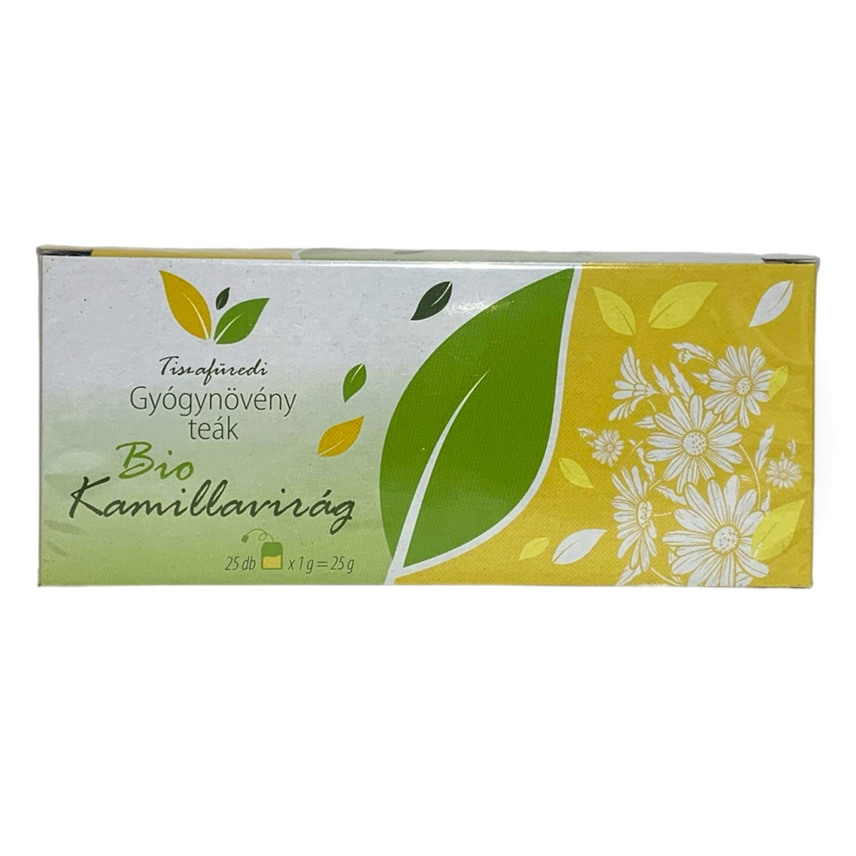 A box of chamomile tea bags from Hungarian kamilla flowers.