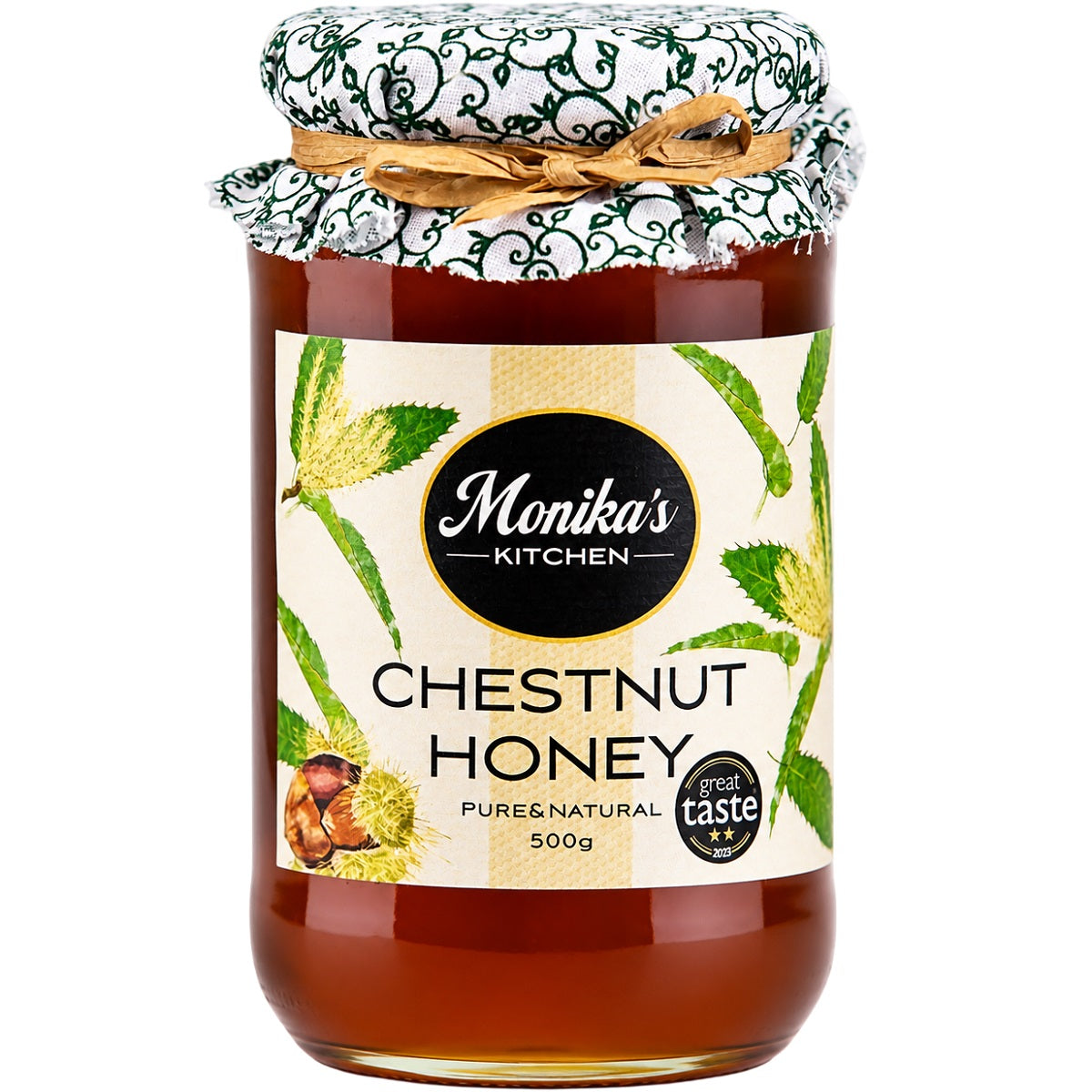 A jar of raw chestnut honey, a beautifully deep amber, single-origin floral honey with a gentle sweetness.