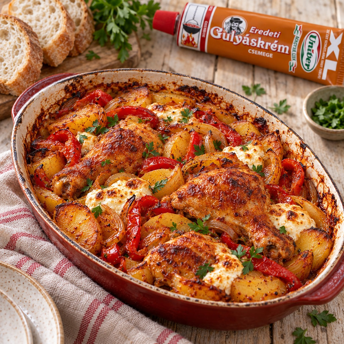 A baked chicken and potato casserole with bread and parsley, with a tube of Mild Goulash Paste in the background.