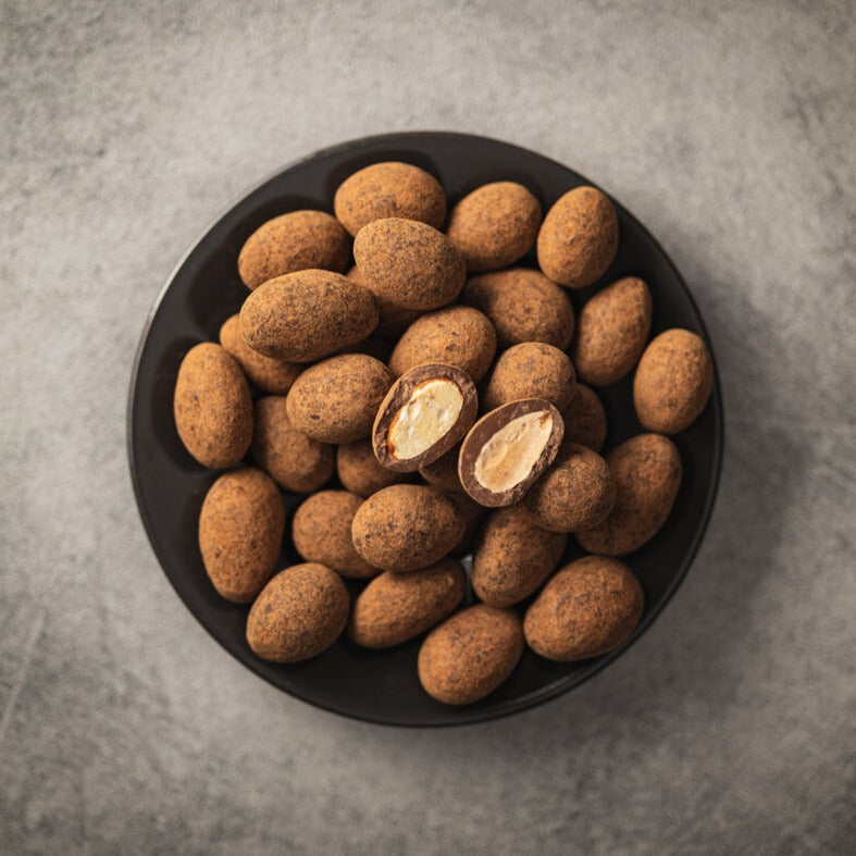 A bowl of roasted almonds coated in milk chocolate and dusted with cocoa powder.