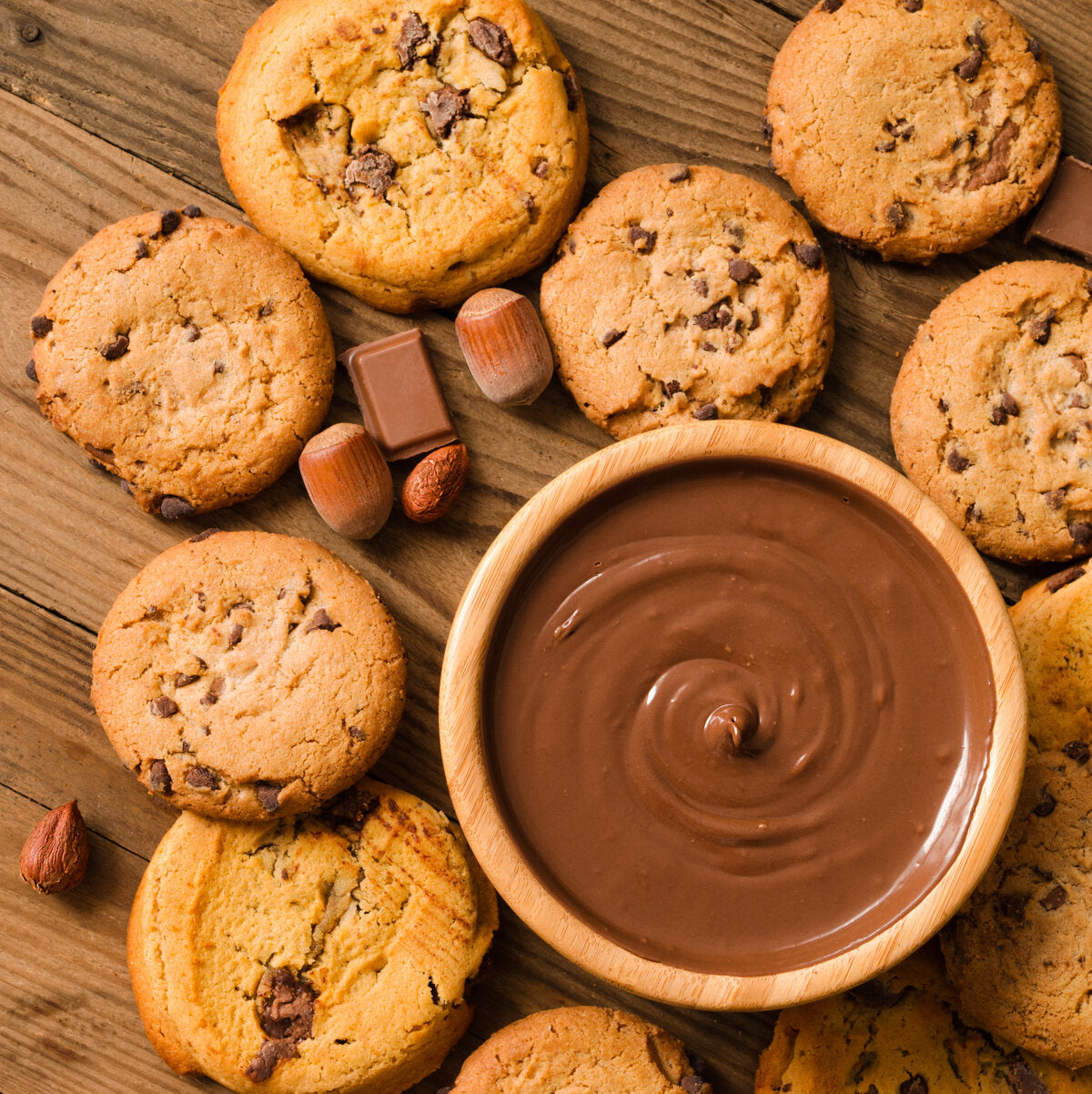 Cookies with chocolate chips and hazelnuts.