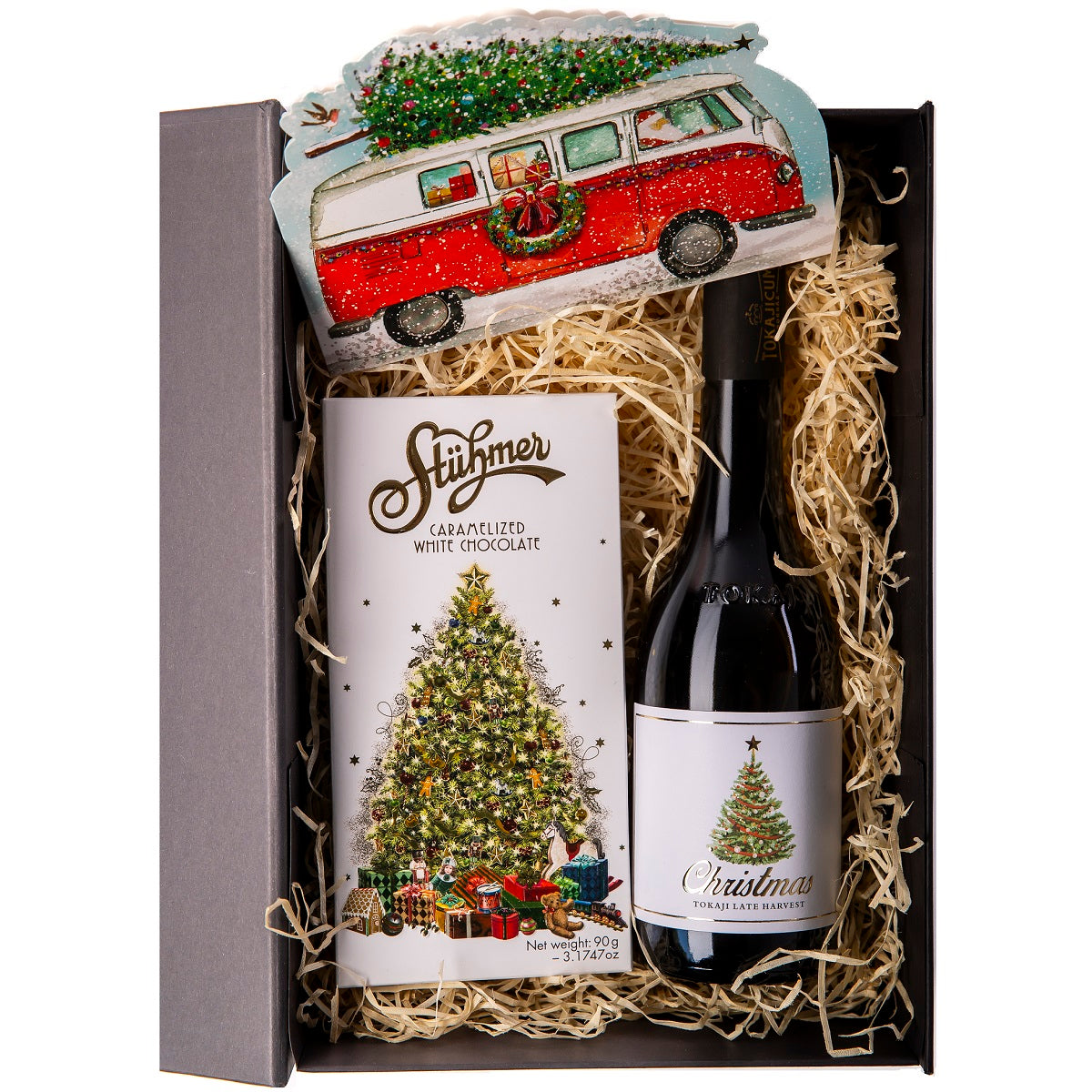 A Christmas chocolate and wine hamper, the gift box contains a bottle of wine and chocolate bars.