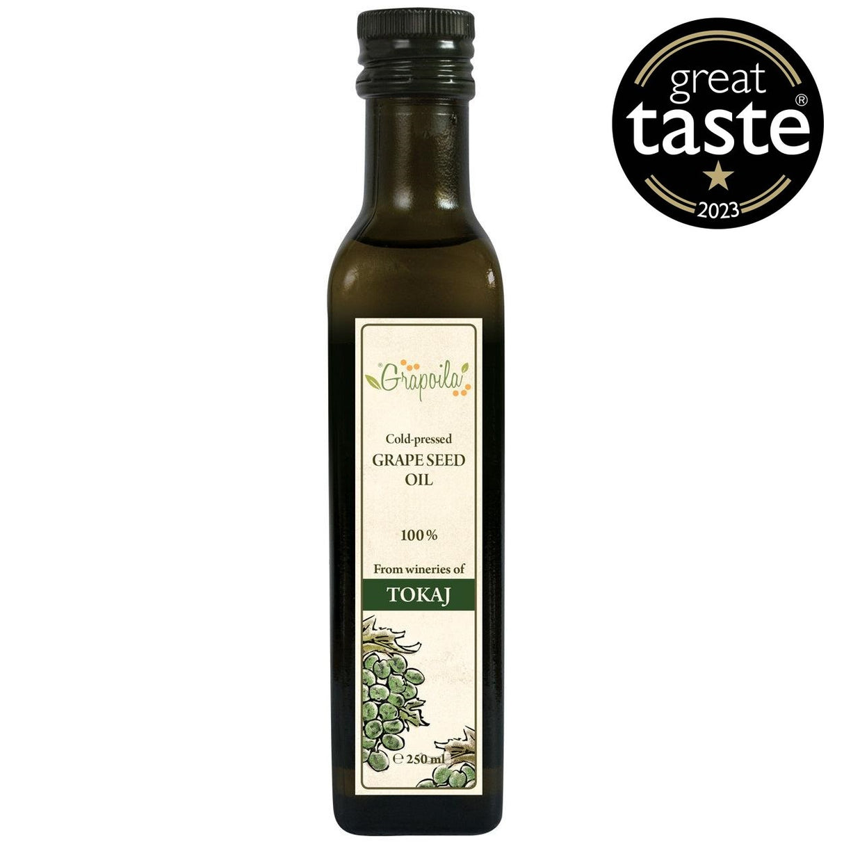 A bottle of cold-pressed grapeseed oil, this is the best healthy cooking oil for frying and baking.