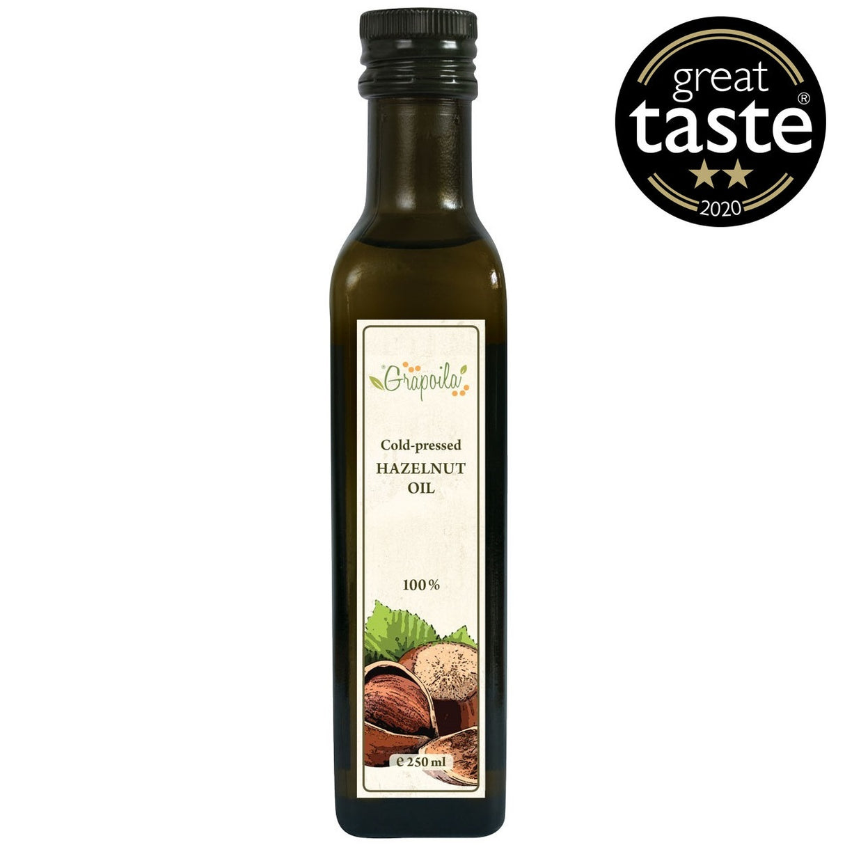 A bottle of cold-pressed hazelnut cooking oil.