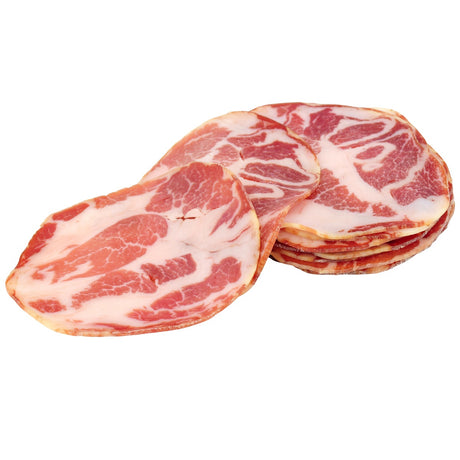 Slices of Coppa from smoked pork collar meat.