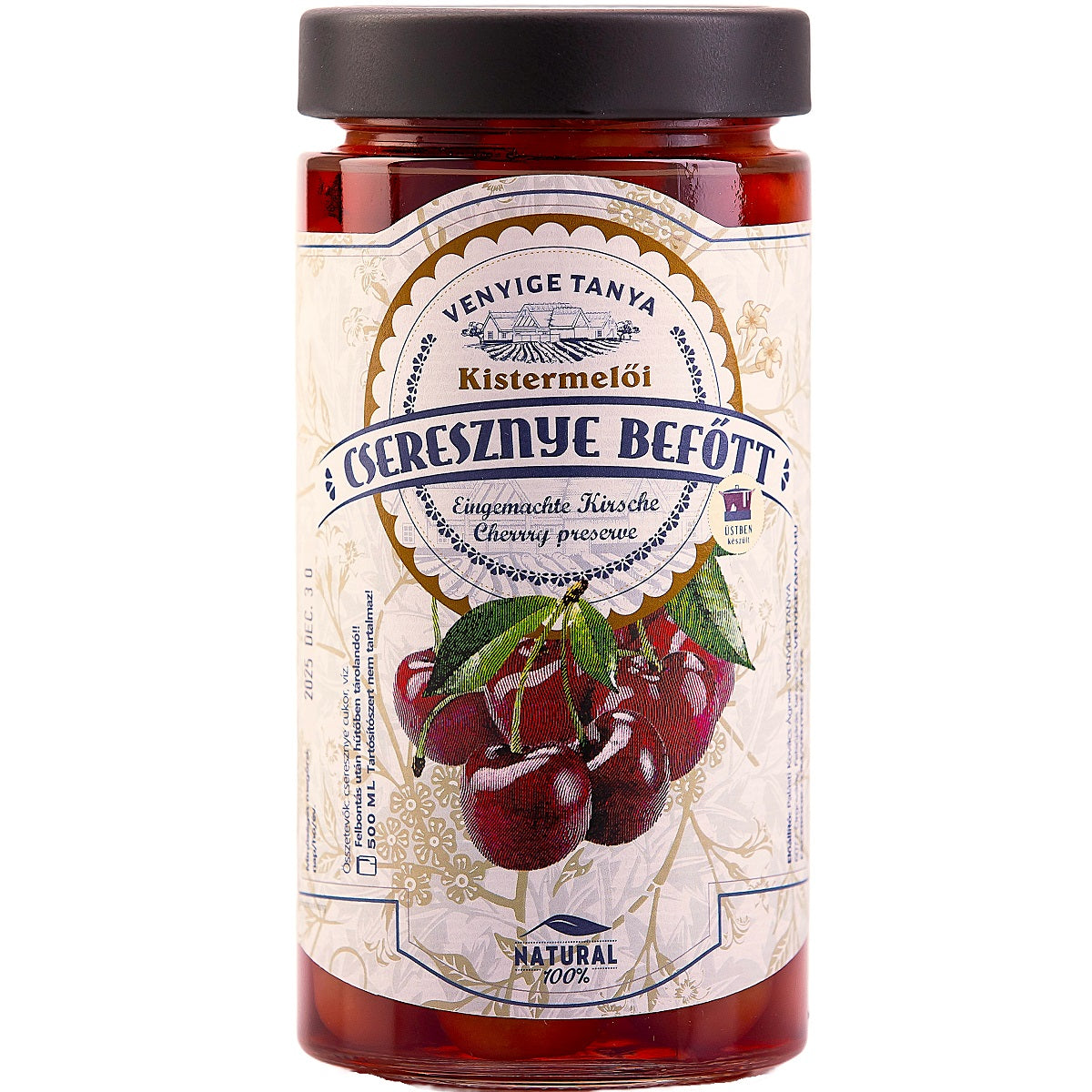 A jar of cseresznye befőtt, which is a Hungarian cherry compote made by preserving whole cherries.