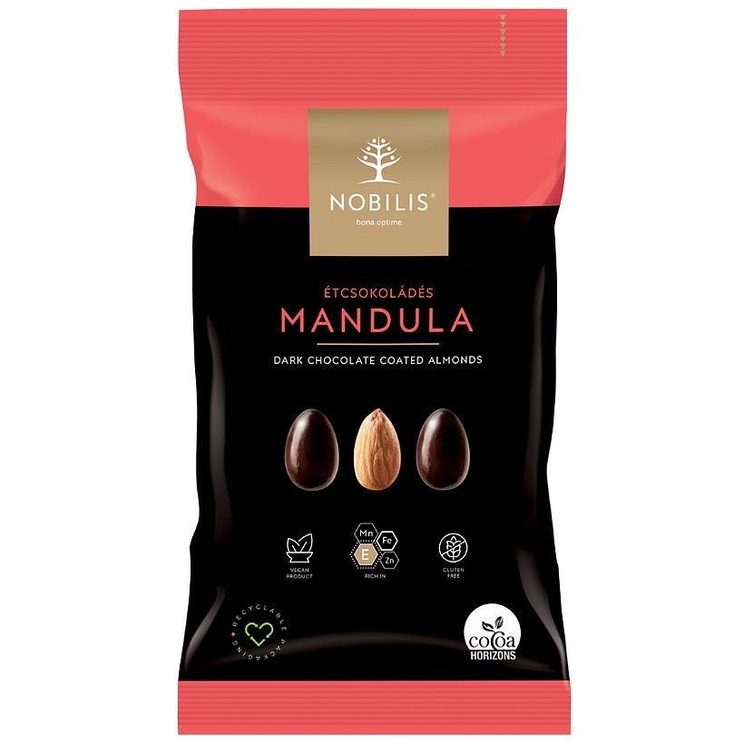 A packet of dark chocolate covered almonds.