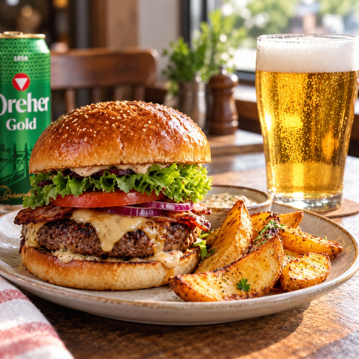 A burger with lettuce, tomato, red onion, and bacon, served with potato wedges next to a glass of Dreher Gold beer.