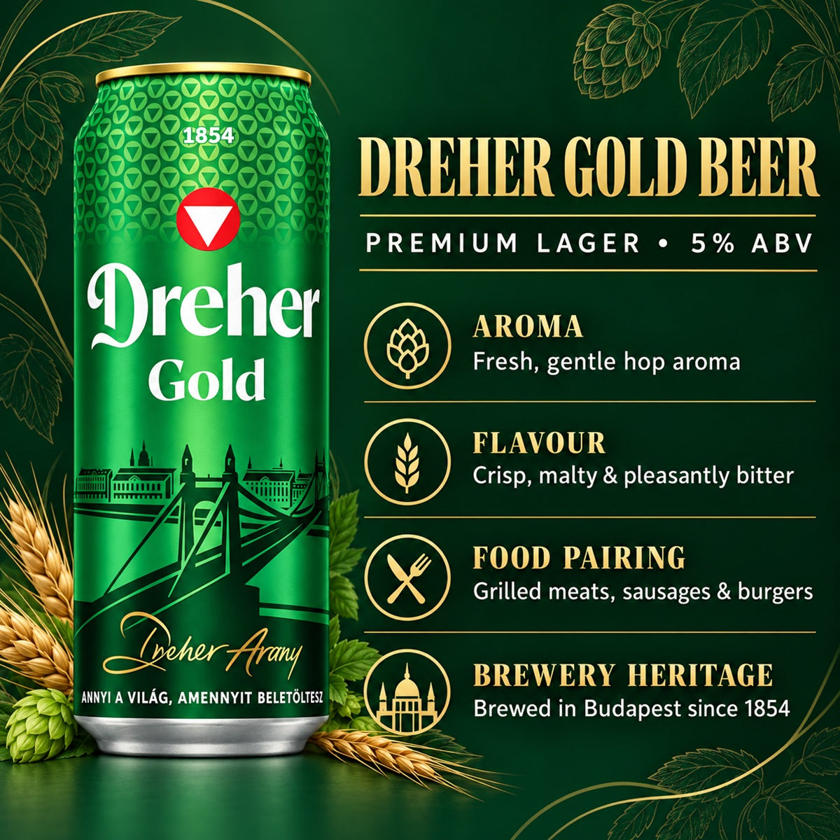 Infographic with tasting notes for Dreher Gold Beer, a premium Hungarian lager