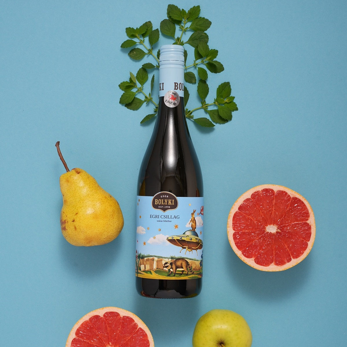 A bottle of Egri Csillag, this Hungarian dry white wine has flavours or pear, apple and grapefruit.