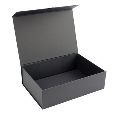 An empty black gift hamper box.