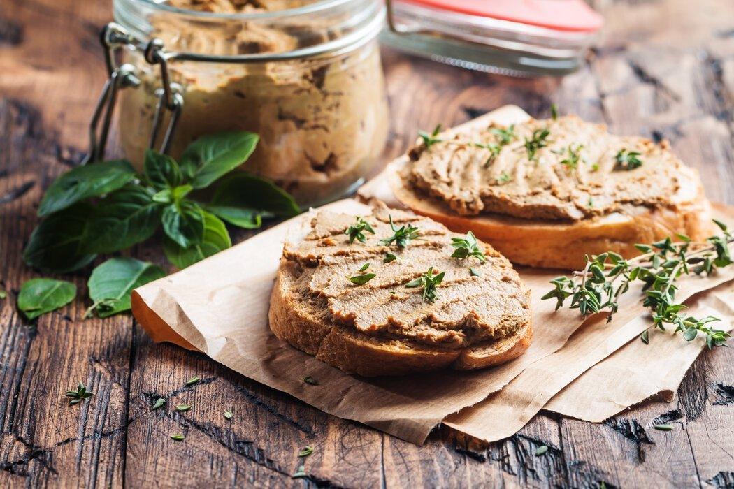 Hungarian foie gras goose liver pate on toast.